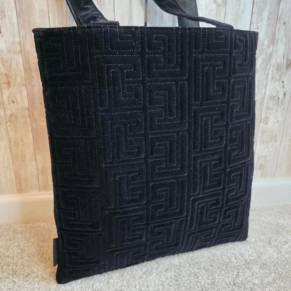 Balmain Large Black Velvet Quilted Tote Bag Gold Logo